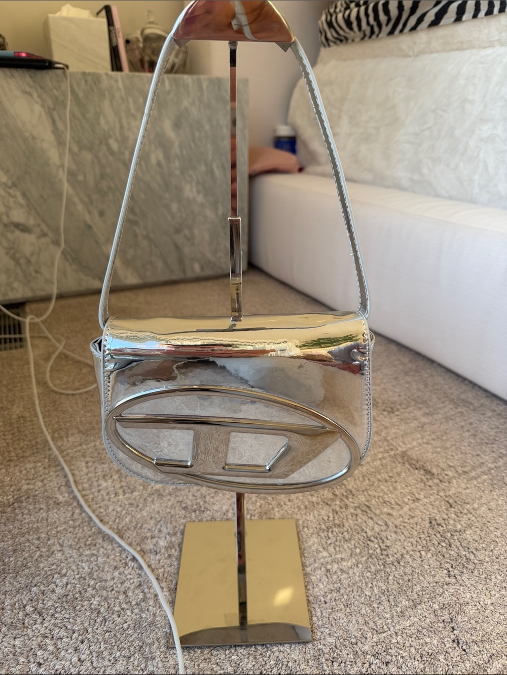 Diesel Silver Patent Shoulder Bag with Oval Logo